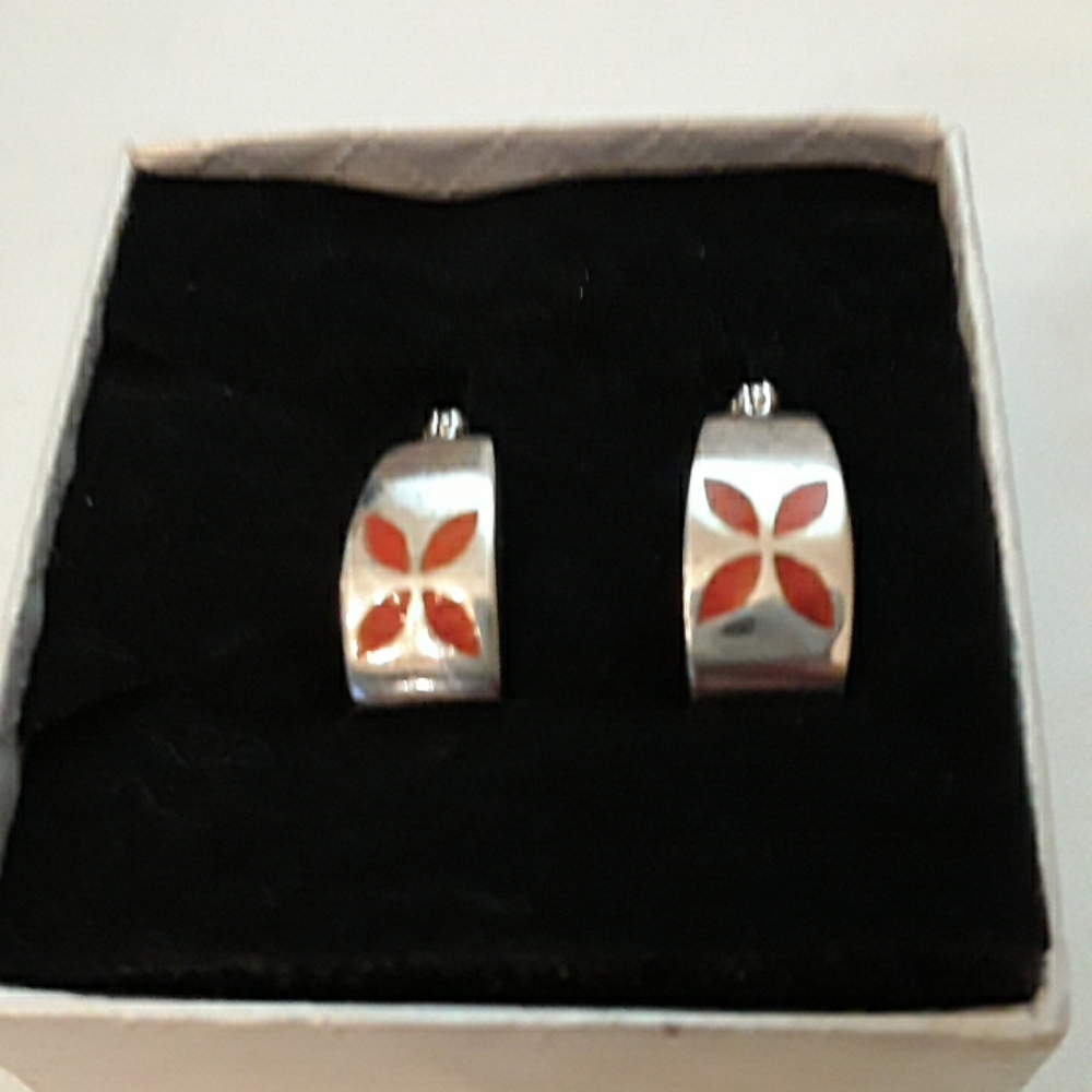 925 silver hoop earrings with orange deco enamel